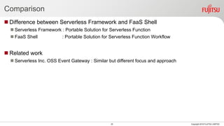 Comparison
 Difference between Serverless Framework and FaaS Shell
 Serverless Framework : Portable Solution for Serverless Function
 FaaS Shell : Portable Solution for Serverless Function Workflow
 Related work
 Serverless Inc. OSS Event Gateway : Similar but different focus and approach
25 Copyright 2018 FUJITSU LIMITED
 