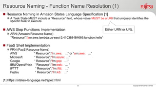 Resource Naming - Function Name Resolution (1)
 Resource Naming in Amazon States Language Specification [1]
 A Task State MUST include a “Resource” field, whose value MUST be a URI that uniquely identifies the
specific task to execute.
 AWS Step Functions Implementation
 ARN (Amazon Resource Name)
"Resource":"arn:aws:lambda:us-east-2:410388484666:function:hello“
 FaaS Shell Implementation
 FRN (FaaS Resource Name)
AWS “ Resource”:“frn:aws: …“ or “arn:aws: …“
Microsoft “ Resource”:“frn:azure: …“
Google “ Resource”:“frn:gcp: …“
IBM/OpenWhisk “Resource”:“frn:wsk: … “
IFTTT “ Resource”:“frn:ifttt: …“
Fujitsu “ Resource”:“frn:k5: …“
[1] https://states-language.net/spec.html
32 Copyright 2018 FUJITSU LIMITED
Either URN or URL
 
