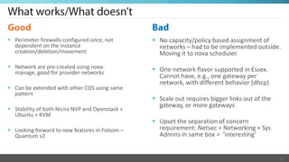  Perimeter firewalls configured once, not        No capacity/policy based assignment of
  dependent on the instance                        networks – had to be implemented outside.
  creation/deletion/movement                       Moving it to nova scheduler.
 Network are pre-created using nova-             One network flavor supported in Essex.
  manage, good for provider networks
                                                   Cannot have, e.g., one gateway per
                                                   network, with different behavior (dhcp)
 Can be extended with other COS using same
  pattern
                                                  Scale out requires bigger links out of the
                                                   gateway, or more gateways
 Stability of both Nicira NVP and Openstack +
  Ubuntu + KVM
                                                  Upset the separation of concern
 Looking forward to new features in Folsom –      requirement: Netsec + Networking + Sys
  Quantum v2                                       Admins in same box = ‘interesting’


                                                                                                15
 