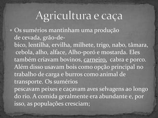 Agricultura e caçaOs sumérios mantinham uma produção de cevada, grão-de-bico, lentilha, ervilha, milhete, trigo, nabo, tâmara, cebola, alho, alface, Alho-poróe mostarda. Eles também criavam bovinos, carneiro, cabra e porco. Além disso usavam bois como opção principal no trabalho de carga e burros como animal de transporte. Os sumérios pescavam peixes e caçavam aves selvagens ao longo do rio. A comida geralmente era abundante e, por isso, as populações cresciam;
