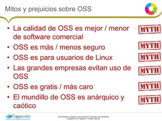 The information contained in this document is proprietary and confidential.
Copyright© 2016 Capgemini. All rights reserved.
Mitos y prejuicios sobre OSS
• La calidad de OSS es mejor / menor
de software comercial
• OSS es más / menos seguro
• OSS es para usuarios de Linux
• Las grandes empresas evitan uso de
OSS
• OSS es gratis / más caro
• El mundillo de OSS es anárquico y
caótico
 