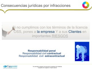 The information contained in this document is proprietary and confidential.
Copyright© 2016 Capgemini. All rights reserved.
Si no cumplimos con los términos de la licencia
OSS, pones a la empresa Y a sus Clientes en
importantes RIESGOS
Responsabilidad penal
Responsabilidad civil contractual
Responsabilidad civil extracontractual
Consecuencias jurídicas por infracciones
 