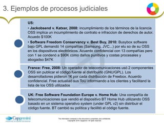 The information contained in this document is proprietary and confidential.
Copyright© 2016 Capgemini. All rights reserved.
3. Ejemplos de procesos judiciales
US:
• Jackobsend v. Katxer, 2008: incumplimiento de los términos de la licencia
OSS implica un incumplimiento de contrato e infraccion de derechos de autor.
Acuedo $100K
• Software Freedom Conservancy v. Best Buy, 2010: Busybox software
bajo GPL demandó 14 compañías (Samsung, JVC...) por elu so de su OSS
en los dispositivos electrónicos. Acuerdo confidencial con 13 compañías pero
con 1 se condenó a $90K como daños punitivos y costas procesales y
abogadso $47K
UK: Free Software Foundation Europe v. Home Hub: Una compañía de
telecomunicaciones que vendió el dispositivo BT Home Hub utilizando OSS
basado en un sistema operativo system (under GPL v2) sin distribuir el
código fuente. BT cambió su política y faciilitó el código fuente.
France: Free, 2008: Un operador de telecomunicaciones usó 2 componentes
OSS sin publicar el código fuente al distribuirlo (GNU/GPL). Los
desarrolladores pidieron 1€ por cada distribución de Freebox. Acuerdo
confidencial. Free actualiaó sus ToU informiando a los clientes y facilitand la
lista de los OSS utilizados
 