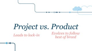 Project vs. Product
Leads to lock-in
Evolves to follow
best of breed
 
