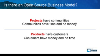 Is there an Open Source Business Model?
Projects have communities
Communities have time and no money
Products have customers
Customers have money and no time
 