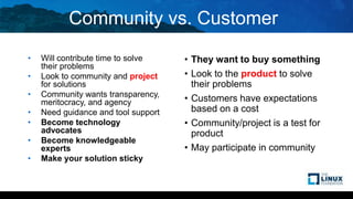 Community vs. Customer
• Will contribute time to solve
their problems
• Look to community and project
for solutions
• Community wants transparency,
meritocracy, and agency
• Need guidance and tool support
• Become technology
advocates
• Become knowledgeable
experts
• Make your solution sticky
• They want to buy something
• Look to the product to solve
their problems
• Customers have expectations
based on a cost
• Community/project is a test for
product
• May participate in community
 