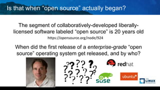 Is that when “open source” actually began?
The segment of collaboratively-developed liberally-
licensed software labeled “open source” is 20 years old
When did the first release of a enterprise-grade “open
source” operating system get released, and by who?
https://opensource.org/node/924
 