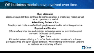 OS business models have evolved over time…
Dual Licensing
Licensors can distribute software to licensees under a proprietary model as well
as an open source model
Advertising Partnerships
Development costs are offset by logo placement and/or advertising revenue
Support and Service
Offers software for free and charges enterprise users for technical support
services, facilitates certifications
Open Core
Primarily involves offering a "core" or feature-limited version of a software
product as free and open-source software, while offering "commercial" versions
or add-ons as proprietary software
 