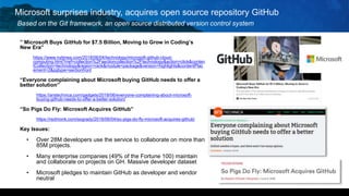 Microsoft surprises industry, acquires open source repository GitHub
Based on the Git framework, an open source distributed version control system
” Microsoft Buys GitHub for $7.5 Billion, Moving to Grow in Coding’s
New Era”
• https://www.nytimes.com/2018/06/04/technology/microsoft-github-cloud-
computing.html?rref=collection%2Fsectioncollection%2Ftechnology&action=click&conten
tCollection=technology&region=rank&module=package&version=highlights&contentPlac
ement=2&pgtype=sectionfront
“Everyone complaining about Microsoft buying GitHub needs to offer a
better solution”
• https://arstechnica.com/gadgets/2018/06/everyone-complaining-about-microsoft-
buying-github-needs-to-offer-a-better-solution/
“So Pigs Do Fly: Microsoft Acquires GitHub”
• https://redmonk.com/sogrady/2018/06/04/so-pigs-do-fly-microsoft-acquires-github/
Key Issues:
• Over 28M developers use the service to collaborate on more than
85M projects.
• Many enterprise companies (49% of the Fortune 100) maintain
and collaborate on projects on GH. Massive developer dataset
• Microsoft pledges to maintain GitHub as developer and vendor
neutral
 