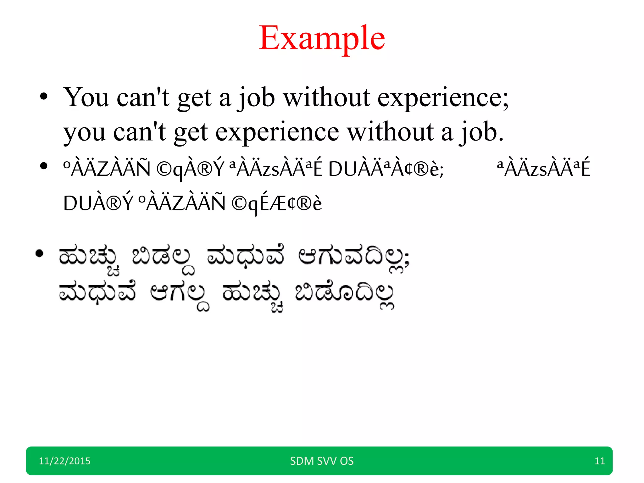 Example
• You can't get a job without experience;
you can't get experience without a job.
• ºÀÄZÀÄÑ ©qÀ®Ý ªÀÄzsÀÄªÉ DUÀÄªÀ¢®è; ªÀÄzsÀÄªÉ
DUÀ®Ý ºÀÄZÀÄÑ ©qÉÆ¢®è
11/22/2015 SDM SVV OS 11
 