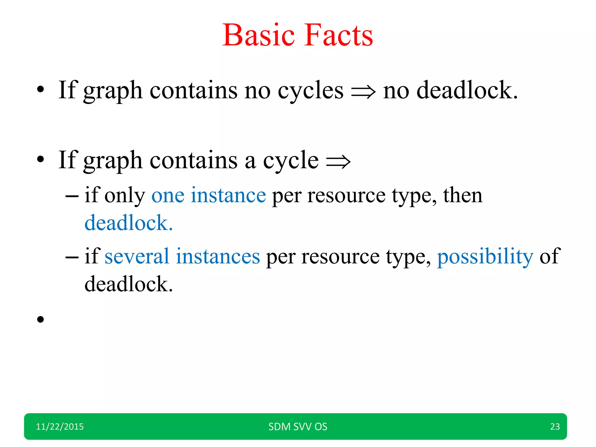 Basic Facts
• If graph contains no cycles  no deadlock.
• If graph contains a cycle 
– if only one instance per resource type, then
deadlock.
– if several instances per resource type, possibility of
deadlock.
•
11/22/2015 SDM SVV OS 23
 