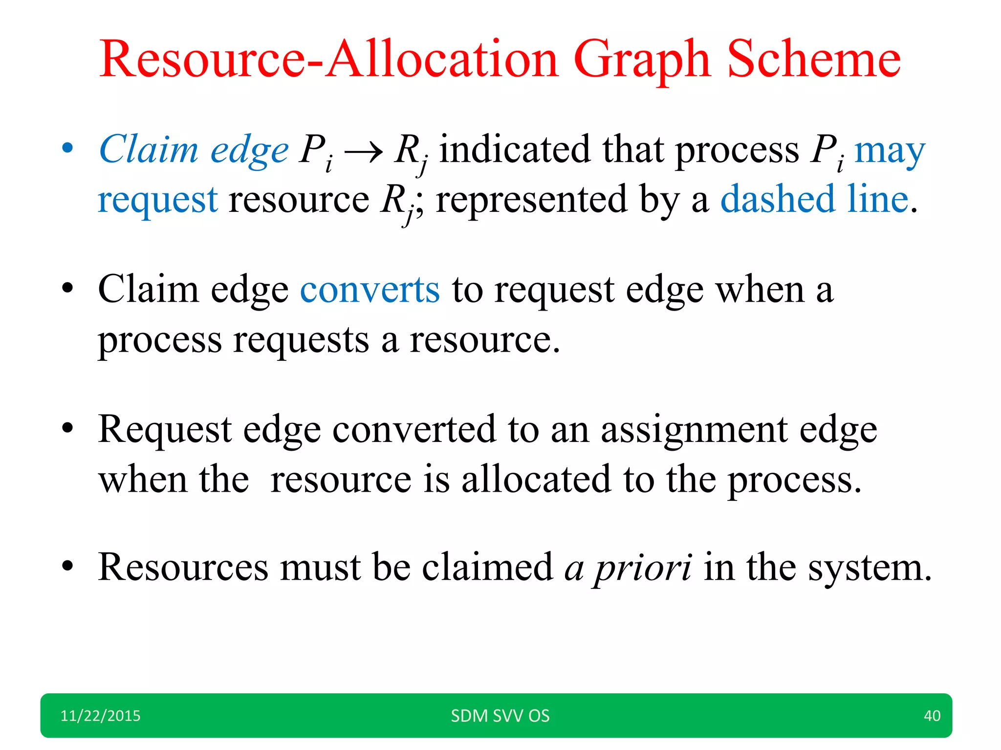 Resource-Allocation Graph Scheme
• Claim edge Pi  Rj indicated that process Pi may
request resource Rj; represented by a dashed line.
• Claim edge converts to request edge when a
process requests a resource.
• Request edge converted to an assignment edge
when the resource is allocated to the process.
• Resources must be claimed a priori in the system.
11/22/2015 SDM SVV OS 40
 