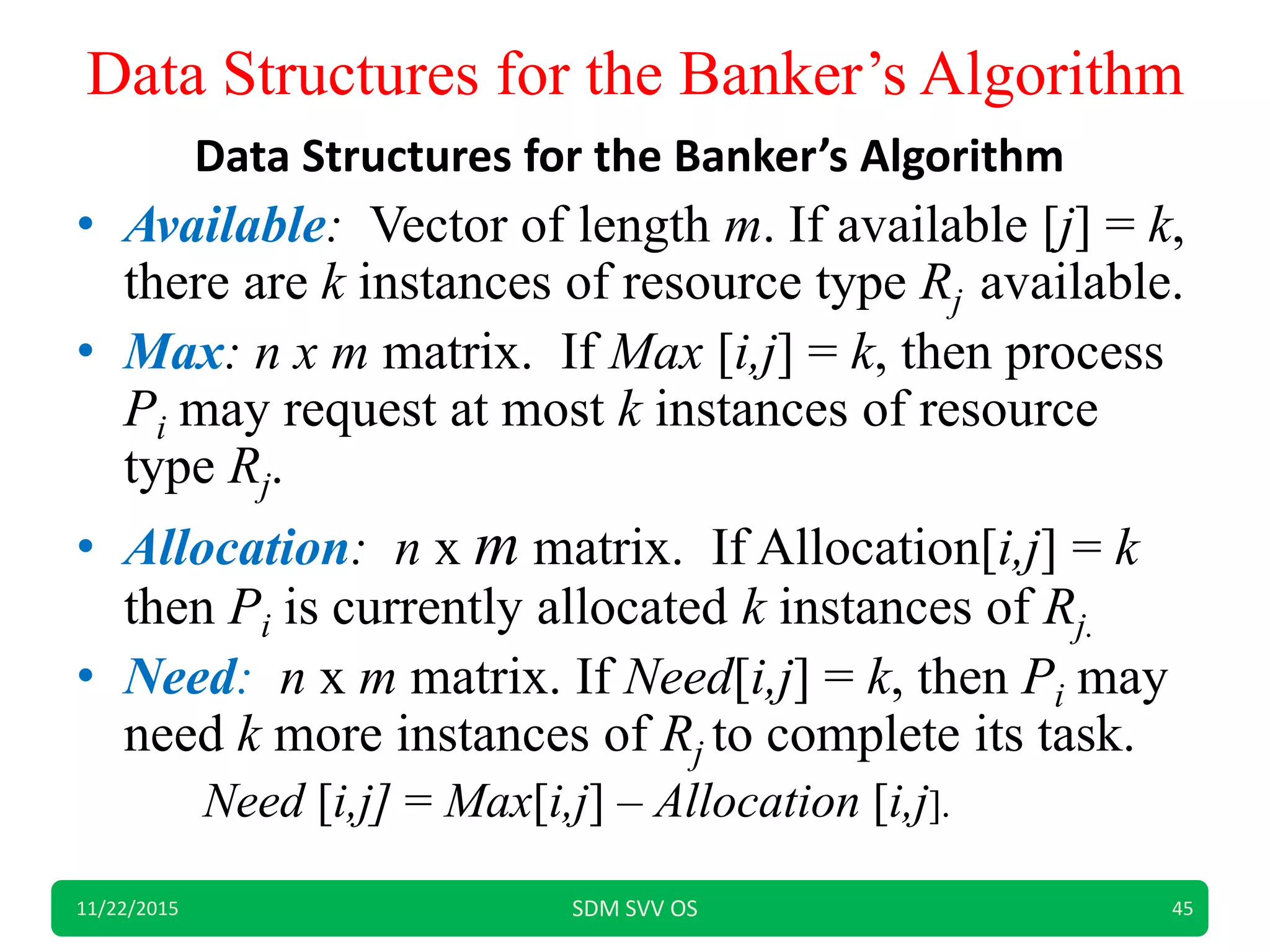 Data Structures for the Banker’s Algorithm
• Available: Vector of length m. If available [j] = k,
there are k instances of resource type Rj available.
• Max: n x m matrix. If Max [i,j] = k, then process
Pi may request at most k instances of resource
type Rj.
• Allocation: n x m matrix. If Allocation[i,j] = k
then Pi is currently allocated k instances of Rj.
• Need: n x m matrix. If Need[i,j] = k, then Pi may
need k more instances of Rj to complete its task.
Need [i,j] = Max[i,j] – Allocation [i,j].
11/22/2015 SDM SVV OS 45
Data Structures for the Banker’s Algorithm
 