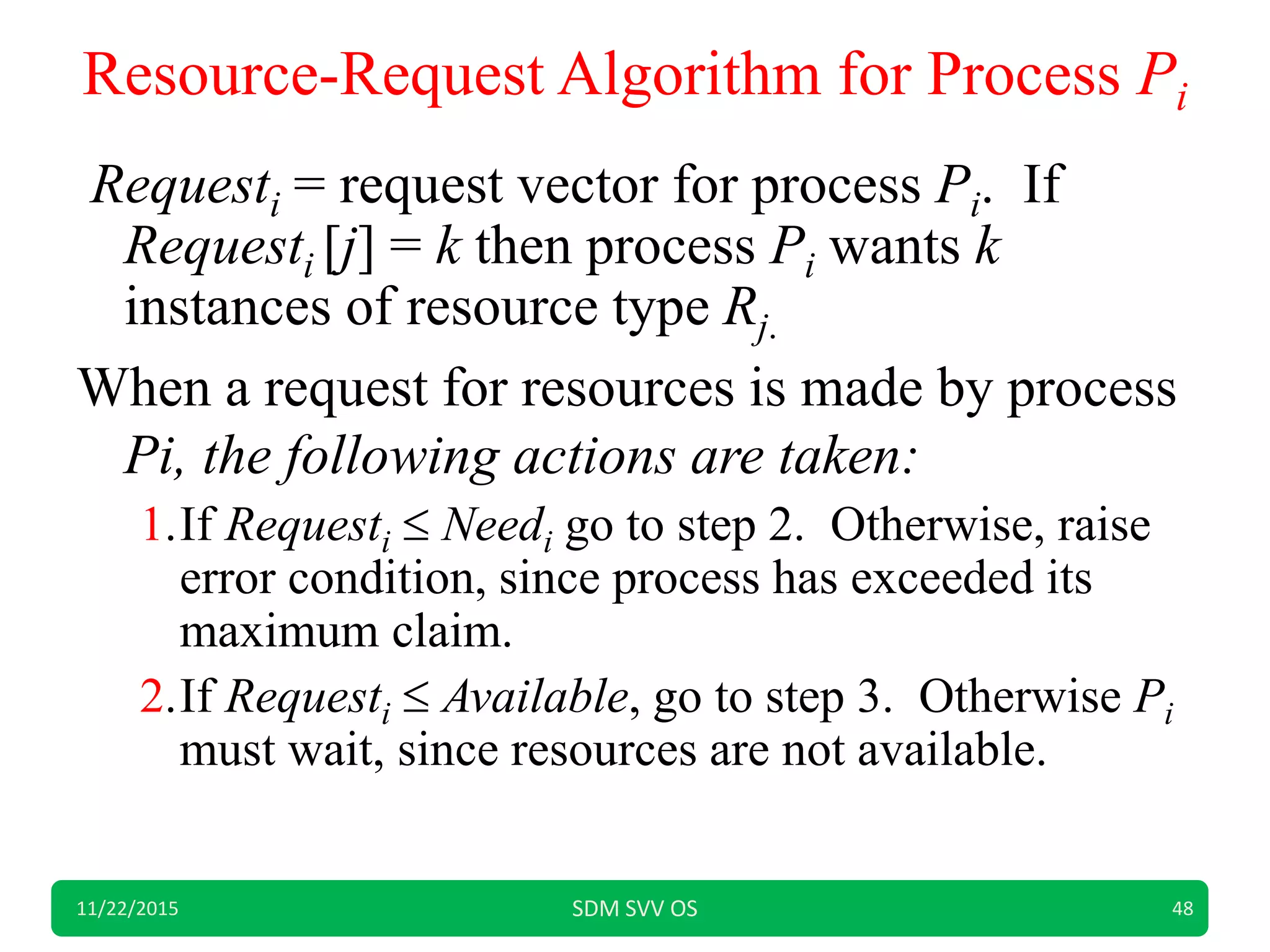 Resource-Request Algorithm for Process Pi
Requesti = request vector for process Pi. If
Requesti [j] = k then process Pi wants k
instances of resource type Rj.
When a request for resources is made by process
Pi, the following actions are taken:
1.If Requesti  Needi go to step 2. Otherwise, raise
error condition, since process has exceeded its
maximum claim.
2.If Requesti  Available, go to step 3. Otherwise Pi
must wait, since resources are not available.
11/22/2015 SDM SVV OS 48
 