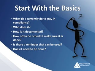 Start With the Basics
• What do I currently do to stay in
compliance?
• Who does it?
• How is it documented?
• How often do I check it make sure it is
done?
• Is there a reminder that can be used?
• Does it need to be done?
 