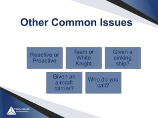 Other Common Issues
Reactive or
Proactive
Team or
White
Knight
Given a
sinking
ship?
Given an
aircraft
carrier?
Who do you
call?
 
