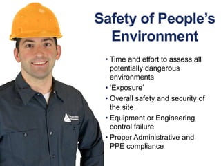 Safety of People’s
Environment
• Time and effort to assess all
potentially dangerous
environments
• ‘Exposure’
• Overall safety and security of
the site
• Equipment or Engineering
control failure
• Proper Administrative and
PPE compliance
 