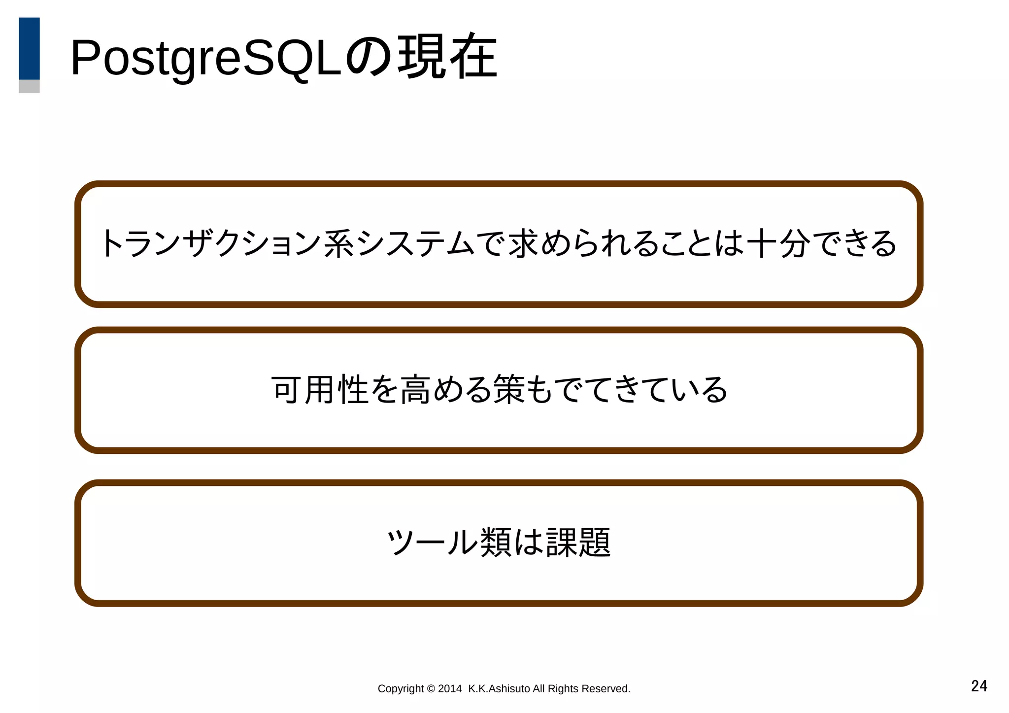 Copyright © 2014 K.K.Ashisuto All Rights Reserved. 24
PostgreSQLの現在
トランザクション系システムで求められることは十分できる
可用性を高める策もでてきている
ツール類は課題
 
