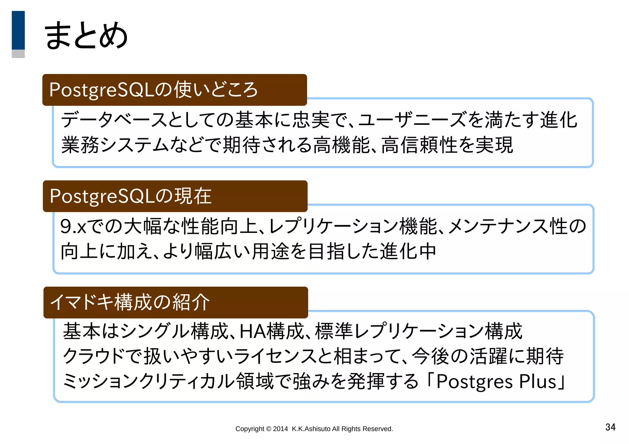 Copyright © 2014 K.K.Ashisuto All Rights Reserved. 34
データベースとしての基本に忠実で、ユーザニーズを満たす進化
業務システムなどで期待される高機能、高信頼性を実現
まとめ
PostgreSQLの使いどころ
9.xでの大幅な性能向上、レプリケーション機能、メンテナンス性の
向上に加え、より幅広い用途を目指した進化中
PostgreSQLの現在
基本はシングル構成、HA構成、標準レプリケーション構成
クラウドで扱いやすいライセンスと相まって、今後の活躍に期待
ミッションクリティカル領域で強みを発揮する 「Postgres Plus」
イマドキ構成の紹介
 
