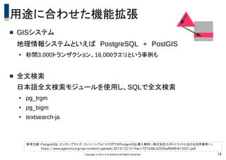 Copyright © 2014 K.K.Ashisuto All Rights Reserved. 13
用途に合わせた機能拡張
 GISシステム
地理情報システムといえば　PostgreSQL　+　PostGIS
● 秒間3,000トランザクション、16,000クエリという事例も
 全文検索
日本語全文検索モジュールを使用し、SQLで全文検索
● pg_trgm
● pg_bigm
● textsearch-ja
参考文献：PostgreSQL エンタープライズ・コンソーシアム「スマポでのPostgreSQL導入事例～株式会社スポットライトにおける活用事例～」
https://www.pgecons.org/wp-content/uploads/2013/12/7c14ac1727a38c22295af840fc613321.pdf
 