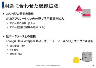 Copyright © 2014 K.K.Ashisuto All Rights Reserved. 14
用途に合わせた機能拡張
 JSON型の格納と操作
Webアプリケーションの分野で活用範囲を拡大
● JSON型の格納　(9.2~)
● JSON型を扱う関数の追加 (9.3~)
 他データソースとの連携
Foreign Data Wrapper により他データーソースへSQLでアクセス可能
● postgres_fdw
● file_fdw
● oracle_fdw
 