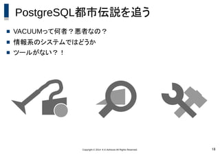 Copyright © 2014 K.K.Ashisuto All Rights Reserved. 18
PostgreSQL都市伝説を追う
 VACUUMって何者？悪者なの？
 情報系のシステムではどうか
 ツールがない？！
 