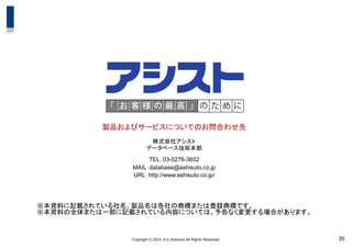 Copyright © 2014 K.K.Ashisuto All Rights Reserved. 35
製品およびサービスについてのお問合わせ先
株式会社アシスト
データベース技術本部
TEL：03-5276-3652
MAIL：database@ashisuto.co.jp
URL：http://www.ashisuto.co.jp/
※本資料に記載されている社名、製品名は各社の商標または登録商標です。
※本資料の全体または一部に記載されている内容については、予告なく変更する場合があります。
 
