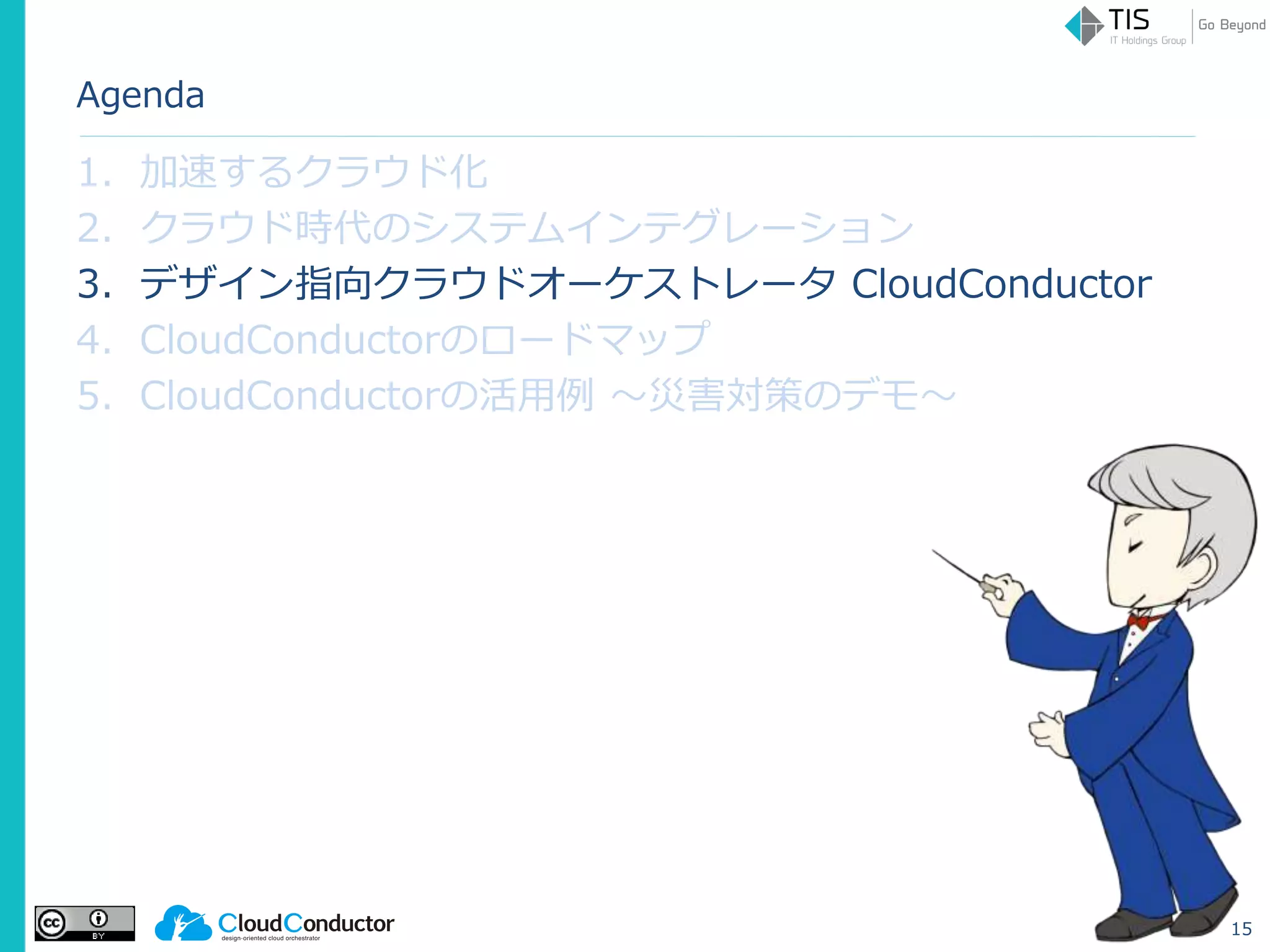 Agenda
1. 加速するクラウド化
2. クラウド時代のシステムインテグレーション
3. デザイン指向クラウドオーケストレータ CloudConductor
4. CloudConductorのロードマップ
5. CloudConductorの活用例 ～災害対策のデモ～
15
 