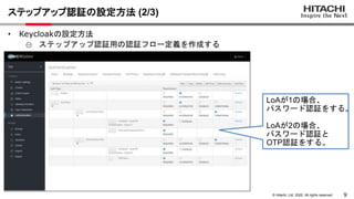 9
© Hitachi, Ltd. 2022. All rights reserved.
ステップアップ認証の設定方法 (2/3)
• Keycloakの設定方法
① ステップアップ認証用の認証フロー定義を作成する
LoAが1の場合、
パスワード認証をする。
LoAが2の場合、
パスワード認証と
OTP認証をする。
 