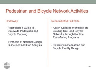 Pedestrian and Bicycle Network Activities 
Underway 
•Practitioner’s Guide to Statewide Pedestrian and Bicycle Planning 
•Synthesis of National Design Guidelines and Gap Analysis 
To Be Initiated Fall 2014 
•Action-Oriented Workbook on Building On-Road Bicycle Networks through Routine Resurfacing Programs 
•Flexibility in Pedestrian and Bicycle Facility Design 
16.  