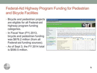 Federal-Aid Highway Program Funding for Pedestrian and Bicycle Facilities 
•Bicycle and pedestrian projects are eligible for all Federal-aid highway program funding categories. 
•In Fiscal Year (FY) 2013, bicycle and pedestrian funding was $676.2 million (from all Federal-aid funding sources). 
•As of Sept 3, the FY 2014 total is $590.5 million. 
9.  