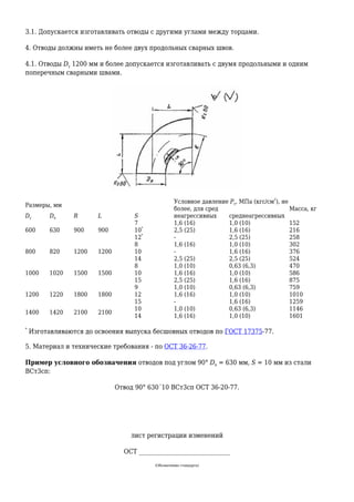 3.1. Допускается изготавливать отводы с другими углами между торцами.
4. Отводы должны иметь не более двух продольных сварных швов.
4.1. Отводы Dу 1200 мм и более допускается изготавливать с двумя продольными и одним
поперечным сварными швами.
Размеры, мм
Условное давление Pу, МПа (кгс/см
2
), не
более, для сред Масса, кг
Dу Dн R L S неагрессивных среднеагрессивных
600 630 900 900
7 1,6 (16) 1,0 (10) 152
10
*
2,5 (25) 1,6 (16) 216
12
*
- 2,5 (25) 258
800 820 1200 1200
8 1,6 (16) 1,0 (10) 302
10 - 1,6 (16) 376
14 2,5 (25) 2,5 (25) 524
1000 1020 1500 1500
8 1,0 (10) 0,63 (6,3) 470
10 1,6 (16) 1,0 (10) 586
15 2,5 (25) 1,6 (16) 875
1200 1220 1800 1800
9 1,0 (10) 0,63 (6,3) 759
12 1,6 (16) 1,0 (10) 1010
15 - 1,6 (16) 1259
1400 1420 2100 2100
10 1,0 (10) 0,63 (6,3) 1146
14 1,6 (16) 1,0 (10) 1601
*
Изготавливаются до освоения выпуска бесшовных отводов по ГОСТ 17375-77.
5. Материал и технические требования - по ОСТ 36-26-77.
Пример условного обозначения отводов под углом 90° Dн = 630 мм, S = 10 мм из стали
ВСт3сп:
Отвод 90° 630´10 ВСт3сп ОСТ 36-20-77.
лист регистрации изменений
ОСТ _______________________________
(Обозначение стандарта)
 