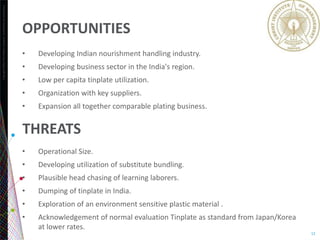 Copyright©2013TheNielsenCompany.Confidentialandproprietary.
12
OPPORTUNITIES
• Developing Indian nourishment handling industry.
• Developing business sector in the India's region.
• Low per capita tinplate utilization.
• Organization with key suppliers.
• Expansion all together comparable plating business.
THREATS
• Operational Size.
• Developing utilization of substitute bundling.
• Plausible head chasing of learning laborers.
• Dumping of tinplate in India.
• Exploration of an environment sensitive plastic material .
• Acknowledgement of normal evaluation Tinplate as standard from Japan/Korea
at lower rates.
 