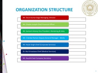 Copyright©2013TheNielsenCompany.Confidentialandproprietary.
8
ORGANIZATION STRUCTURE
Mr. Tarun Kumar Daga-Managing Director
Mr. Chacko Joseph-Chief Financial Officer
Mr. Santosh Antony-Vice President -Marketing & Sales
Mr. S Venkat Raman-Deputy General Manager - Works
Mr. Harjit Singh-Chief (Corporate Services)
Dr. Atul Srivastava-Chief (Medical Services)
Mr. Kaushik Seal-Company Secretary
 