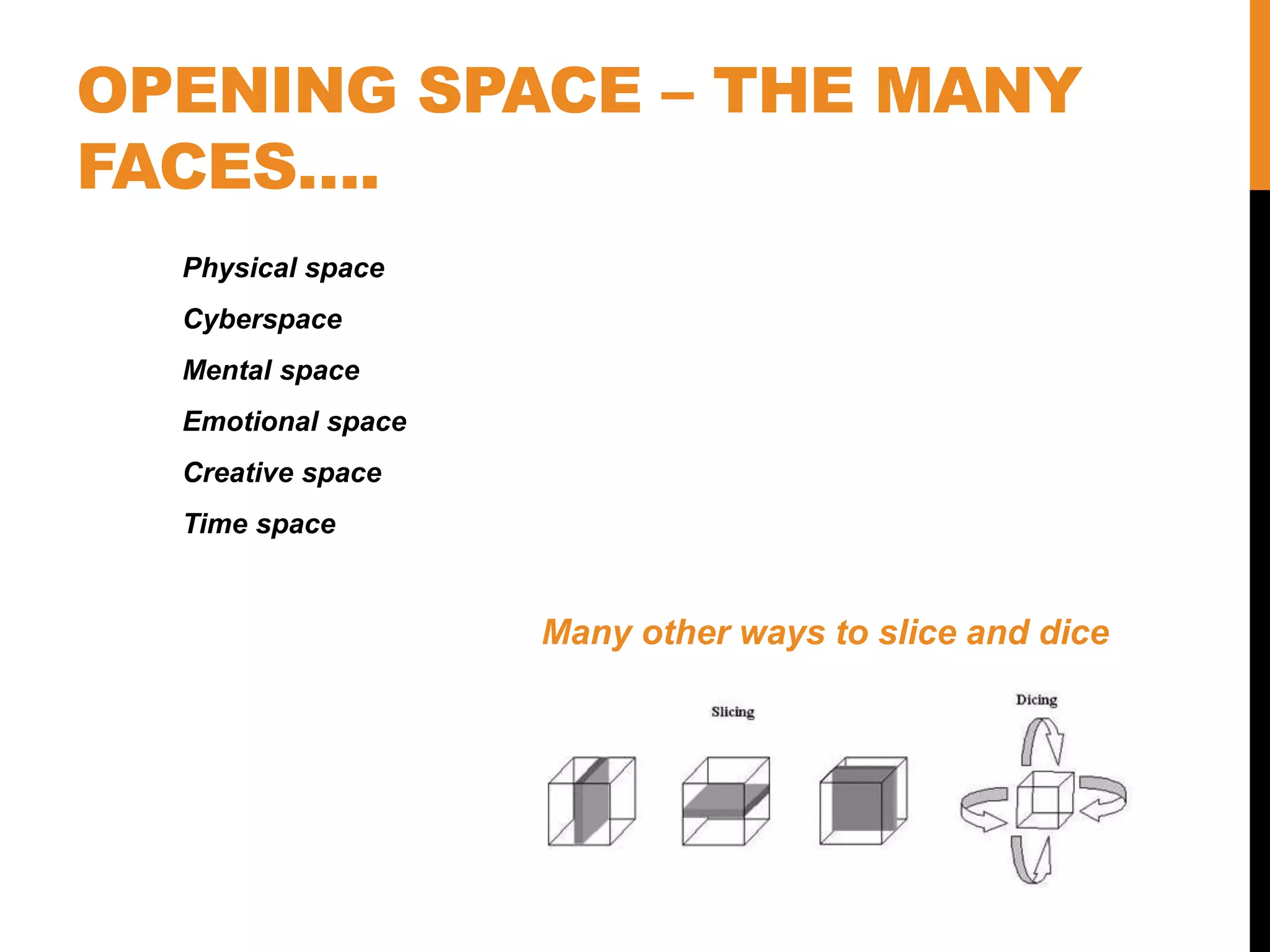 OPENING SPACE – THE MANY
FACES….
Physical space
Cyberspace
Mental space
Emotional space
Creative space
Time space
Many other ways to slice and dice
 