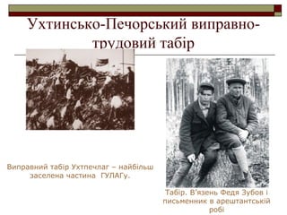 Ухтинсько-Печорський виправнотрудовий табір

Виправний табір Ухтпечлаг – найбільш
заселена частина ГУЛАГу.
Табір. В’язень Федя Зубов і
письменник в арештантській
робі

 