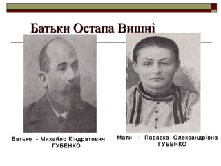 Батьки Остапа Вишні

Батько - Михайло Кіндратович
ГУБЕНКО

Мати

- Параска Олександр івна
ГУБЕНКО

 