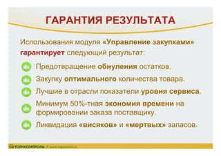 Использования модуля «Управление закупками»
гарантирует следующий результат:
ГАРАНТИЯ РЕЗУЛЬТАТА
Предотвращение обнуления остатков.
Закупку оптимального количества товара.
Лучшие в отрасли показатели уровня сервиса.
Минимум 50%-тная экономия времени на
формировании заказа поставщику.
Ликвидация «висяков» и «мертвых» запасов.
© www.topcontrol.ru
 