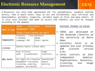 Electronic Resource Management
E-Resources are very high approached for its uptodateness, anywhere anytime
access, time & space saver, easy to use and disseminate, easy retrieval and
downloadable, portable, longevity, variable types of files and many others. It
is also very flexible and mode of access and channels can also be changed
according to the demand.
Current Trends in Coral
 CORAL was developed at
the Hesburgh Libraries of
the University of Notre
Dame.
 Currently Coral is an
updated and user friendly
ERM (current version
4.0).
 Coral consists of four
independent modules:
Organizations, Resources,
Licensing, and Usage
Statistics.
Name & Type
Coral Electronic Resource
Management (ERM)
(http://erm.library.nd.edu/)
Components
Platform: Linux
/ Windows
Language: PHP
Database:
MySQL
Sever: Apache
License
General Public License (GPL)
Why Coral
Easy to
work
Fully
customizable
Usage
statistics
All types of e-resource
management (including
licensing, ordering,
payment, activation)
Centralised
module
facility
ERM
 