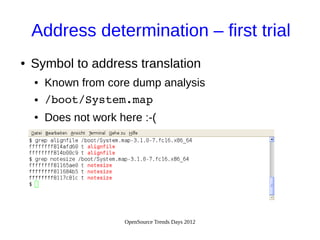 OpenSource Trends Days 2012
Address determination – first trial
● Symbol to address translation
● Known from core dump analysis
● /boot/System.map
● Does not work here :-(
 