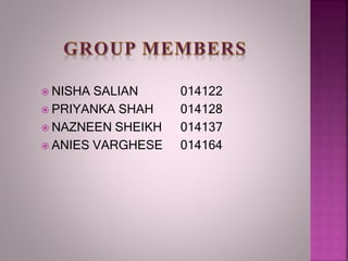  NISHA SALIAN 014122
 PRIYANKA SHAH 014128
 NAZNEEN SHEIKH 014137
 ANIES VARGHESE 014164
 