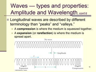 18
Waves — types and properties:
Amplitude and Wavelength, cont’d
 Longitudinal waves are described by different
terminology than “peaks” and “valleys.”
 A compression is where the medium is squeezed together.
 A expansion (or rarefaction) is where the medium is
spread apart.
 