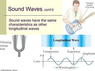 33
Sound waves have the same
characteristics as other
longitudinal waves
Longitudinal Wave
Sound Waves, cont’d
 