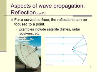 45
Aspects of wave propagation:
Reflection, cont’d
 For a curved surface, the reflections can be
focused to a point.
 Examples include satellite dishes, radar
receivers, etc.
 