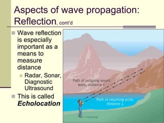 46
Aspects of wave propagation:
Reflection, cont’d
 Wave reflection
is especially
important as a
means to
measure
distance
 Radar, Sonar,
Diagnostic
Ultrasound
 This is called
Echolocation
 