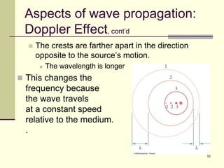 52
Aspects of wave propagation:
Doppler Effect, cont’d
 The crests are farther apart in the direction
opposite to the source’s motion.
 The wavelength is longer
 This changes the
frequency because
the wave travels
at a constant speed
relative to the medium.
.
 