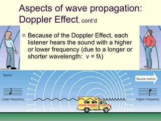 53
 Because of the Doppler Effect, each
listener hears the sound with a higher
or lower frequency (due to a longer or
shorter wavelength: v = fλ)
Aspects of wave propagation:
Doppler Effect, cont’d
 
