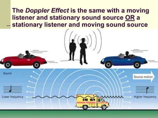 54
The Doppler Effect is the same with a moving
listener and stationary sound source OR a
stationary listener and moving sound source
 