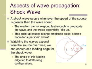 58
Aspects of wave propagation:
Shock Wave
 A shock wave occurs whenever the speed of the source
is greater than the wave speed.
 The medium cannot respond fast enough to propagate
the wave, and the crests essentially “pile up.”
 This build-up causes a large-amplitude pulse: a sonic
boom for supersonic aircraft.
 Watching the waves expand
from the source over time, we
can construct a leading edge for
the shock wave.
 The angle of this leading-
edge led to delta-wing
configurations.
 