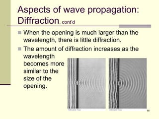 60
Aspects of wave propagation:
Diffraction, cont’d
 When the opening is much larger than the
wavelength, there is little diffraction.
 The amount of diffraction increases as the
wavelength
becomes more
similar to the
size of the
opening.
 